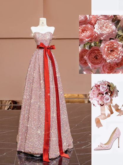 Sweet Pink Strapless A-Line Sequin Long Prom Dresses Formal Evening Gowns RF0623