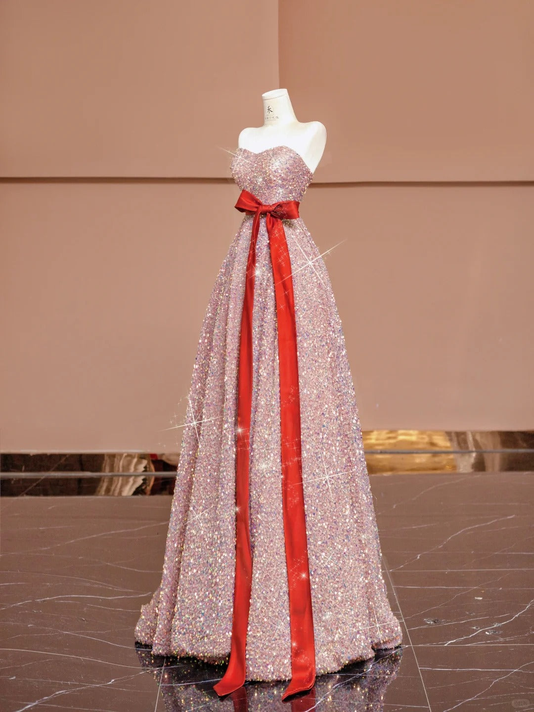 Sweet Pink Strapless A-Line Sequin Long Prom Dresses Formal Evening Gowns RF0623