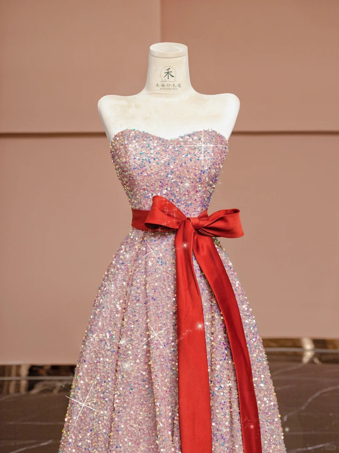 Sweet Pink Strapless A-Line Sequin Long Prom Dresses Formal Evening Gowns RF0623
