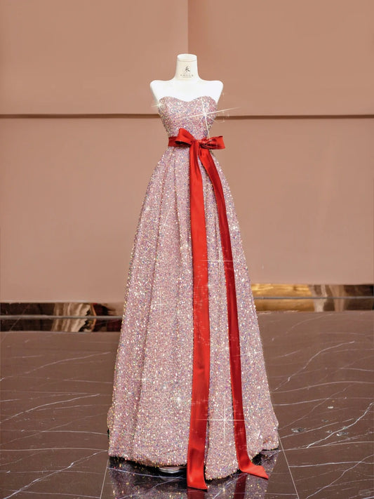 Sweet Pink Strapless A-Line Sequin Long Prom Dresses Formal Evening Gowns RF0623