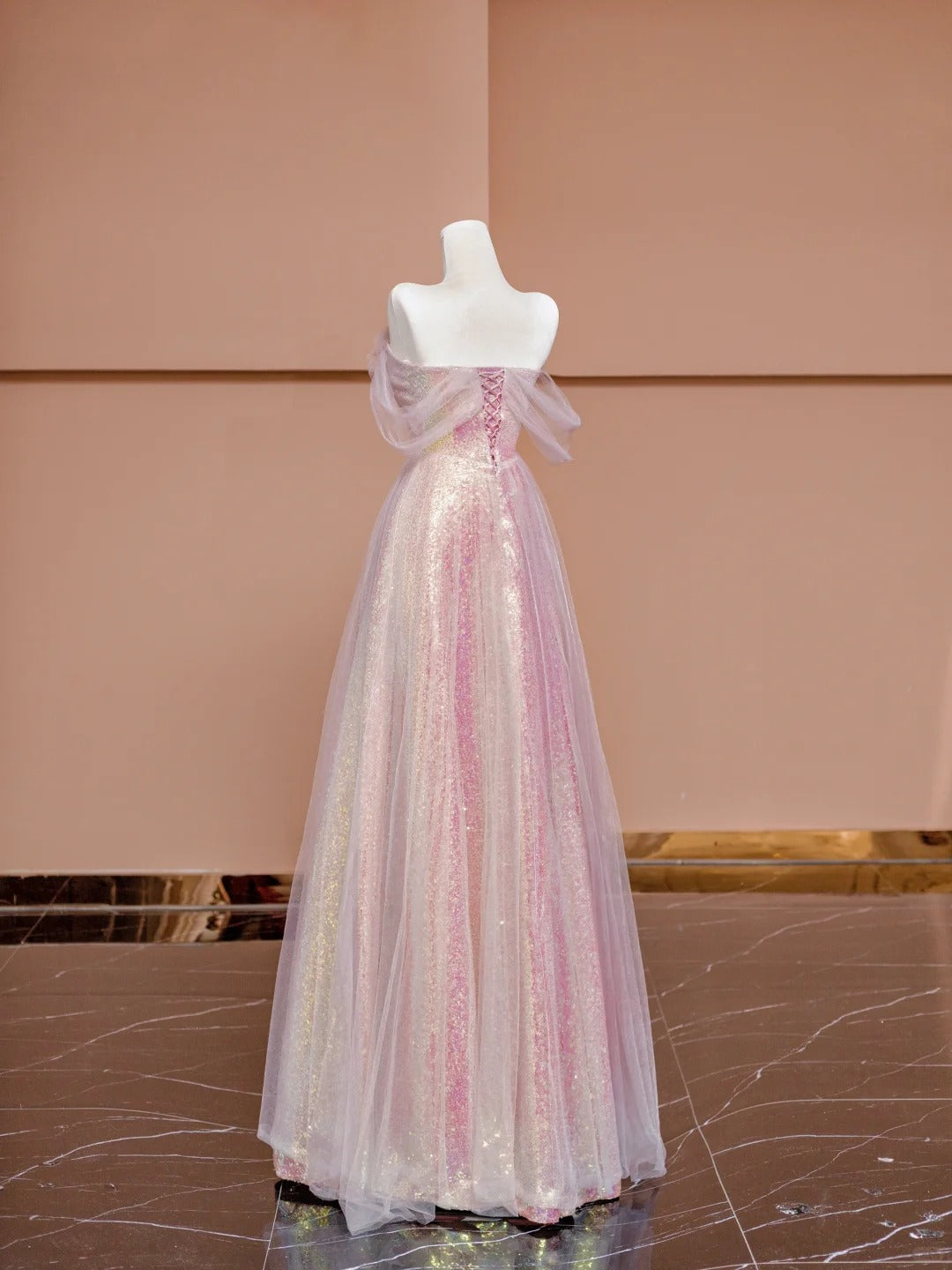Gorgeous Pink Off-the-shoulder Tulle A-Line Sequin Wedding Dress Formal Evening Gowns RF0624