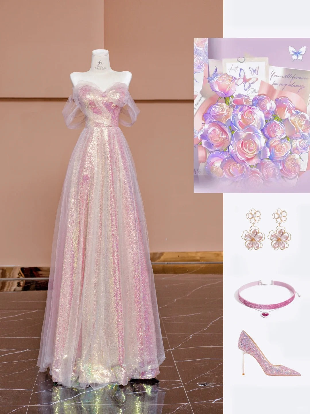 Gorgeous Pink Off-the-shoulder Tulle A-Line Sequin Wedding Dress Formal Evening Gowns RF0624