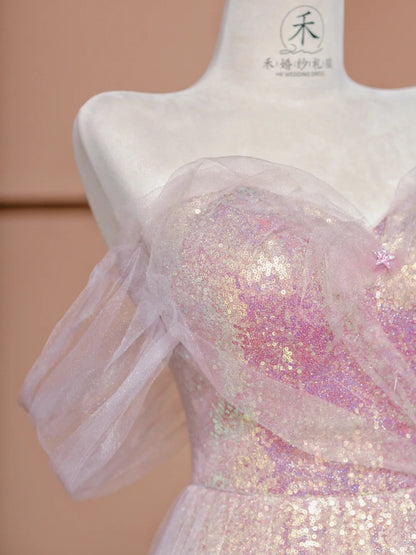 Gorgeous Pink Off-the-shoulder Tulle A-Line Sequin Wedding Dress Formal Evening Gowns RF0624