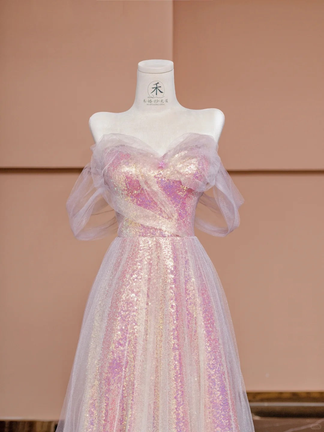 Gorgeous Pink Off-the-shoulder Tulle A-Line Sequin Wedding Dress Formal Evening Gowns RF0624