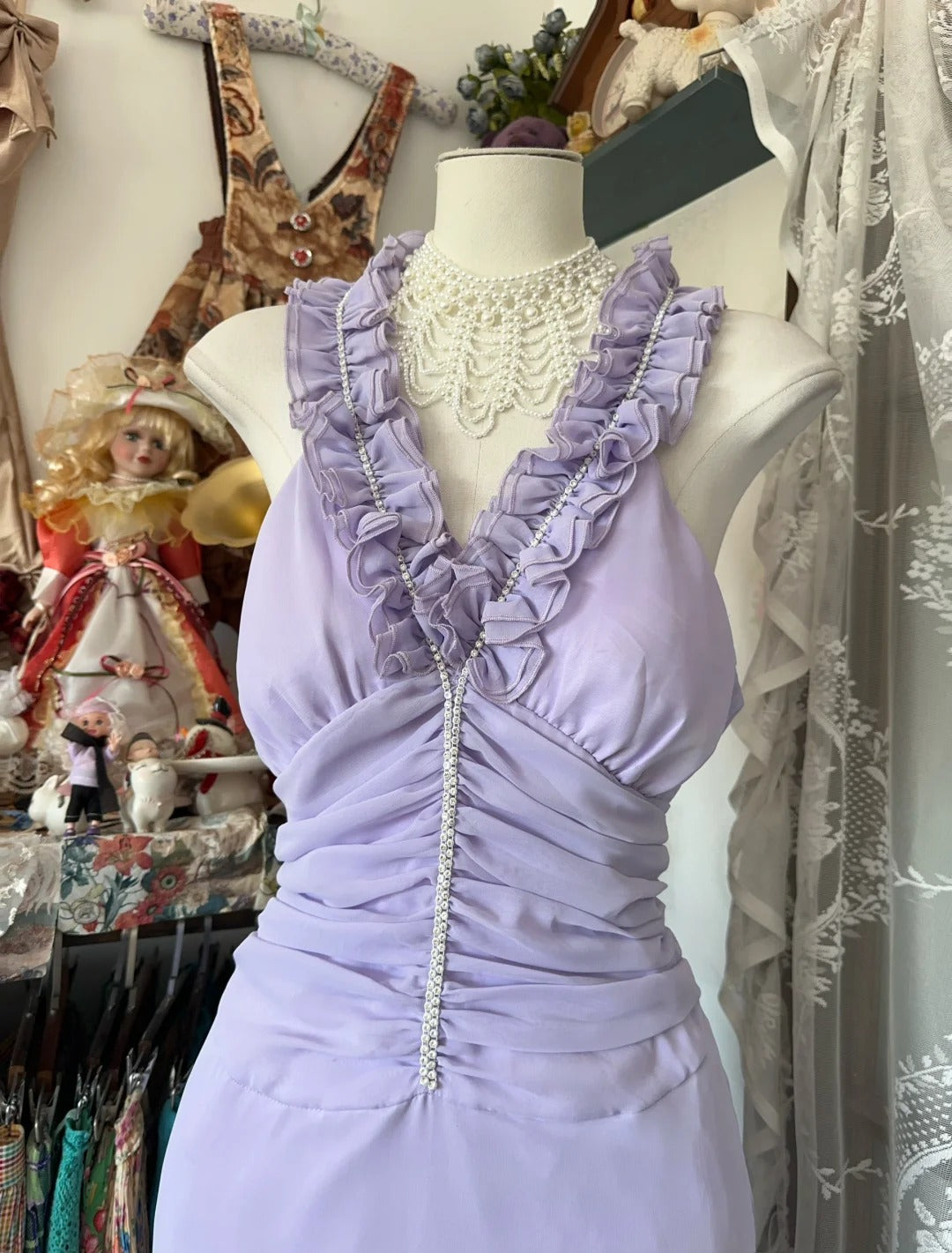 Robe de soirée élégante en mousseline de soie, col en V, style sirène, violet, RF0625