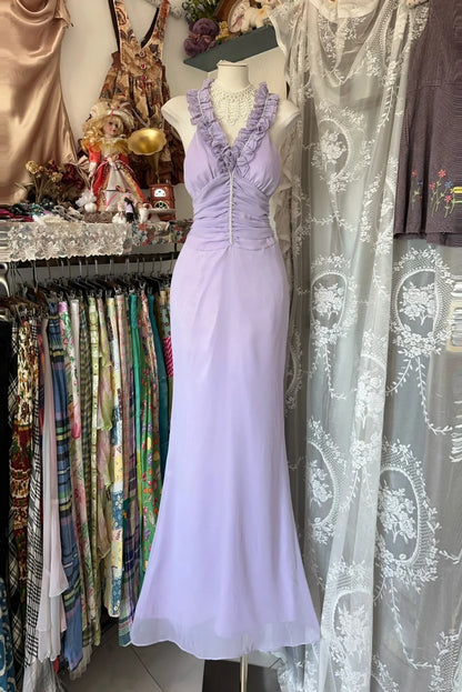 Robe de soirée élégante en mousseline de soie, col en V, style sirène, violet, RF0625