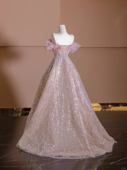 Stunning Pink Off Shoulder A-Line Tulle Sequined Prom Dresses Formal Evening Gowns RF0626