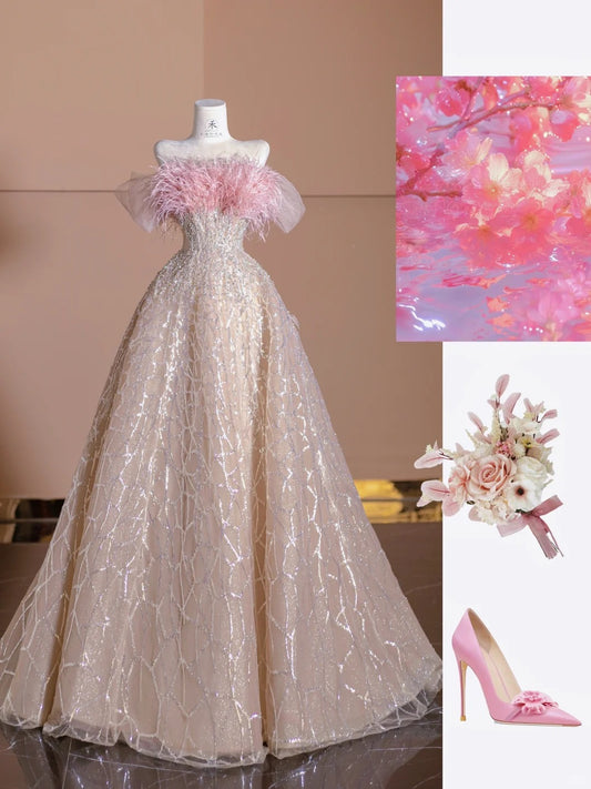 Stunning Pink Off Shoulder A-Line Tulle Sequined Prom Dresses Formal Evening Gowns RF0626