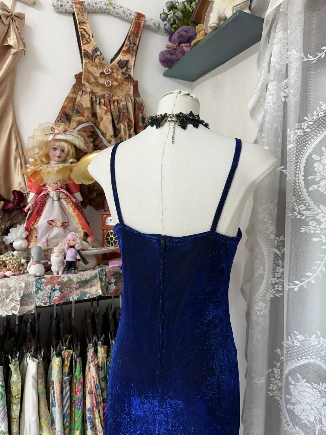 Elegant Royal Blue Spaghetti Straps Sheath Velvet Prom Dresses Formal Evening Gowns RF0627