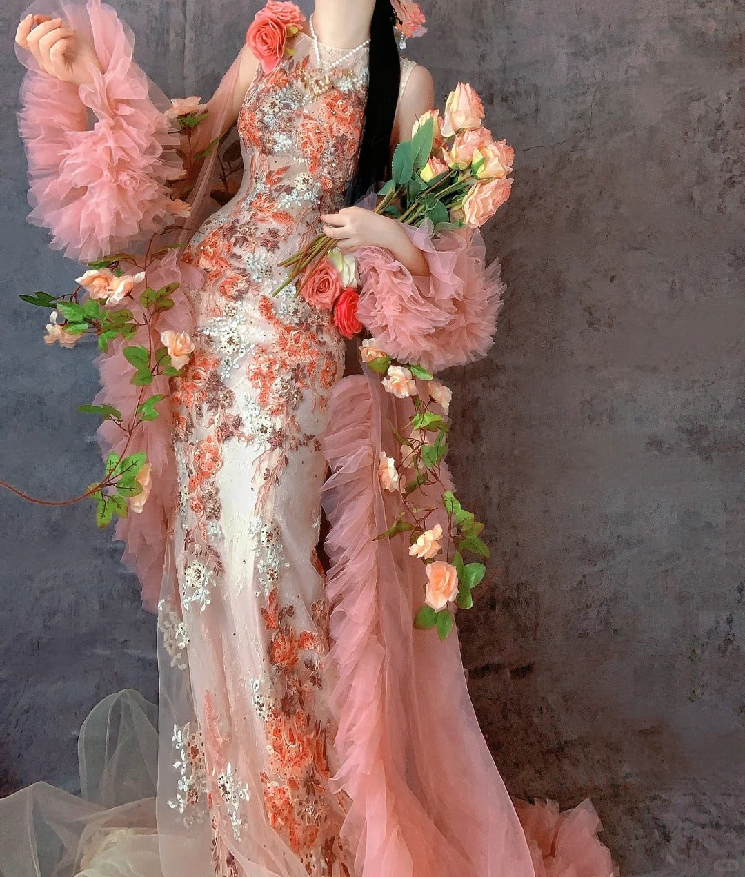 Fairytale Orange Crew Neck Mermaid Tulle Applique Long Prom Dresses Formal Evening Gowns RF0628