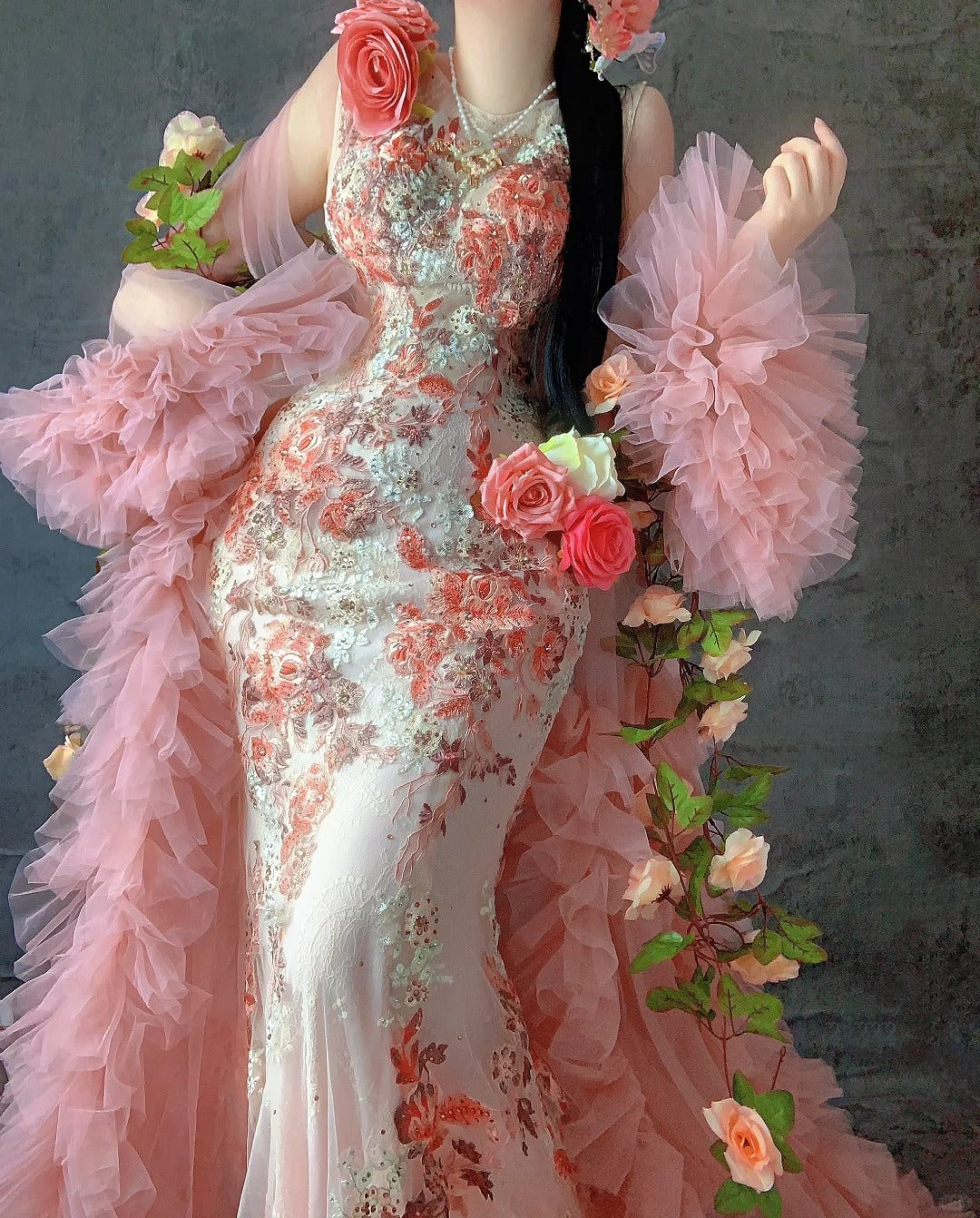 Fairytale Orange Crew Neck Mermaid Tulle Applique Long Prom Dresses Formal Evening Gowns RF0628