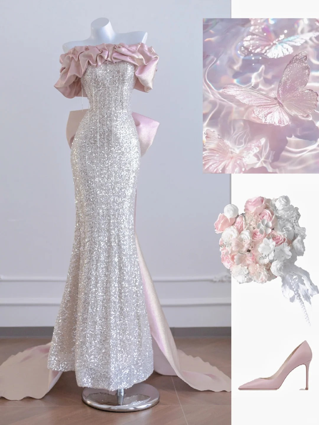 Gorgeous Off Shoulder Silver Sequin Mermaid Pink Satin Long Prom Dresses Formal Evening Gowns RF0629