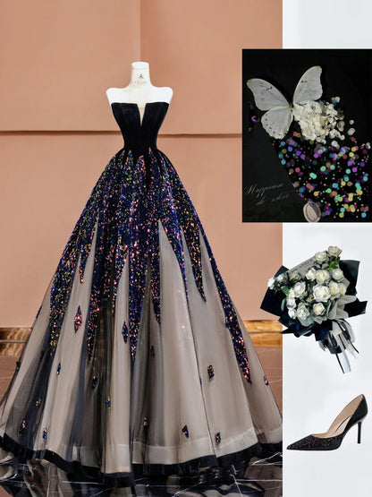 Elegantes schwarzes trägerloses A-Linien-Samt-Pailletten-Ballkleid, langes Abendkleid, formelle Abendkleider RF0630