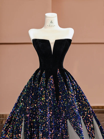 Elegantes schwarzes trägerloses A-Linien-Samt-Pailletten-Ballkleid, langes Abendkleid, formelle Abendkleider RF0630