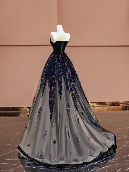 Elegantes schwarzes trägerloses A-Linien-Samt-Pailletten-Ballkleid, langes Abendkleid, formelle Abendkleider RF0630