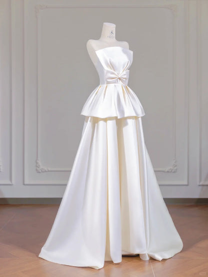 Simple Light Champagne Strapless Satin A-Line Wedding Dress RF0633