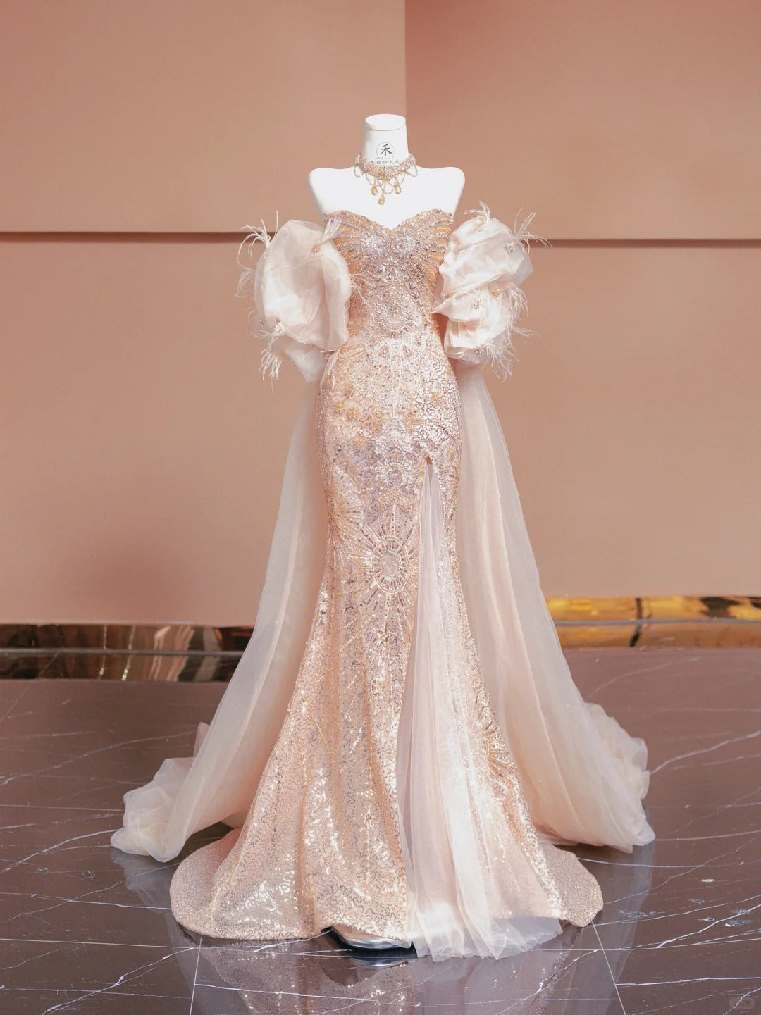 Gorgeous Light Blush Strapless Mermaid Beaded Sequin Tulle Long Prom Dresses Formal Evening Gowns RF0635