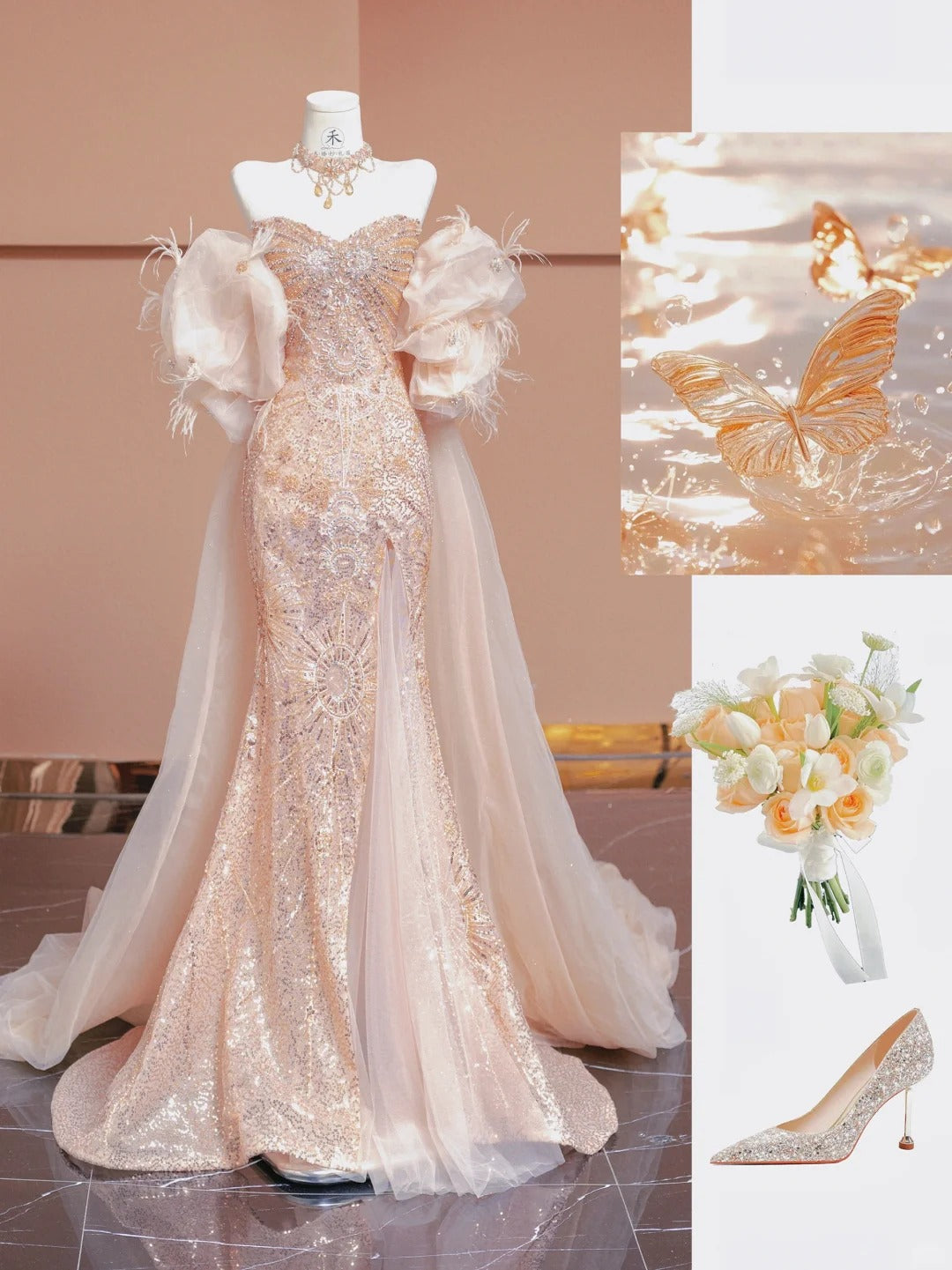 Gorgeous Light Blush Strapless Mermaid Beaded Sequin Tulle Long Prom Dresses Formal Evening Gowns RF0635