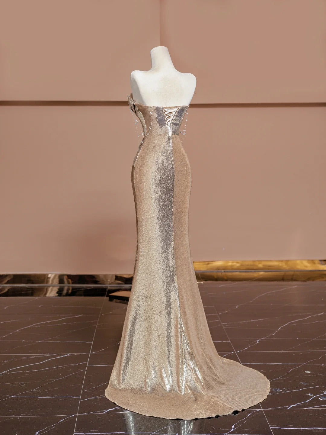 Stunning Strapless Gold Mermaid Sequin Long Prom Dresses Formal Evening Gowns RF0636