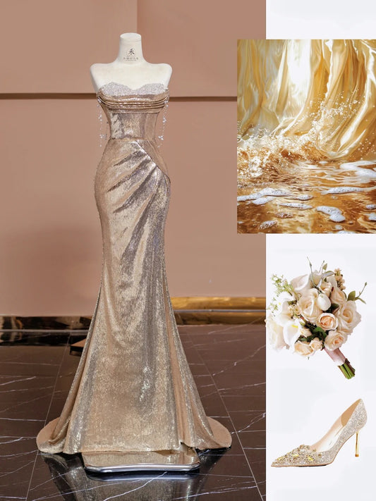 Stunning Strapless Gold Mermaid Sequin Long Prom Dresses Formal Evening Gowns RF0636