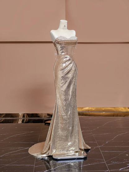 Stunning Strapless Gold Mermaid Sequin Long Prom Dresses Formal Evening Gowns RF0636