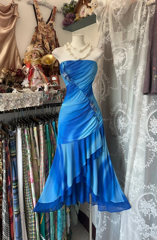 Gorgeous Strapless Blue Mermaid Chiffon Short Evening Gowns RF0637
