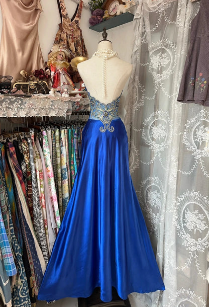 Glam Halter Blue Mermaid Satin Beaded Appliques Long Prom Dresses Formal Evening Gowns RF0638