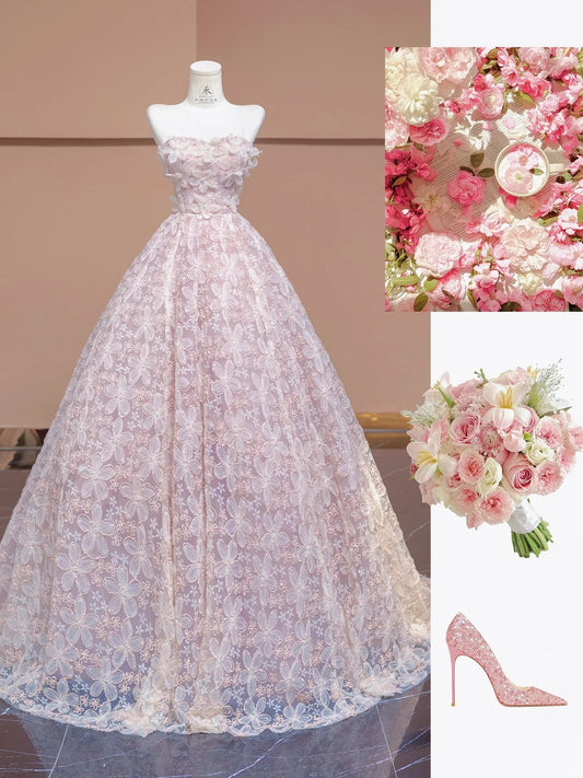 Sweet Pink A-Line Tulle Strapless Sequined Train Wedding Dress with Appliques RF0640
