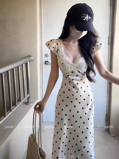Robe sexy en satin à pois et col en V, en dentelle, RF0642