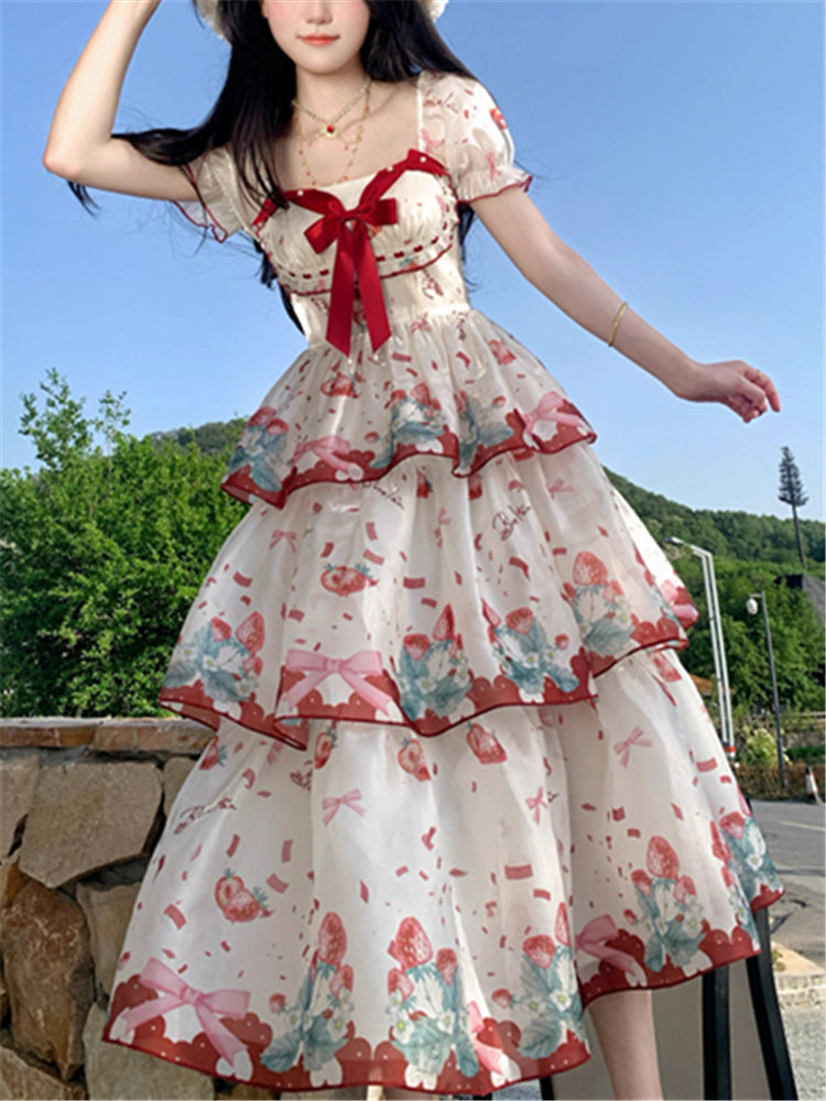Sweet Square Neck Printed Chiffon Dress RF0645