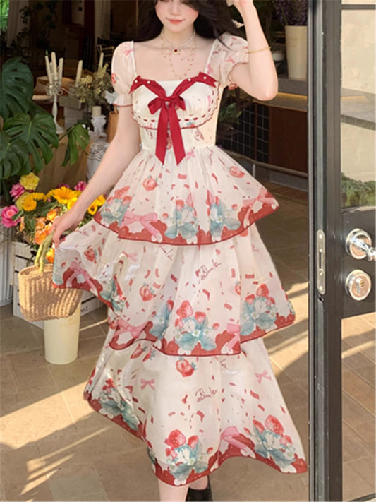 Sweet Square Neck Printed Chiffon Dress RF0645