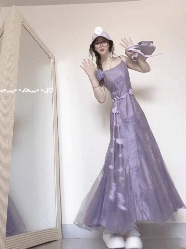 Sweet Purple Square Neck Spaghetti Strap Tulle Dress RF0647