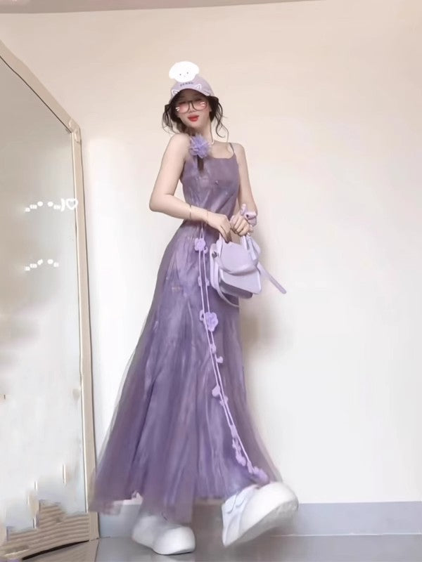 Sweet Purple Square Neck Spaghetti Strap Tulle Dress RF0647