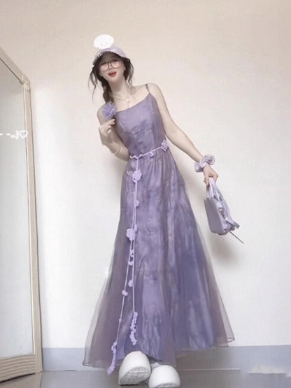 Sweet Purple Square Neck Spaghetti Strap Tulle Dress RF0647
