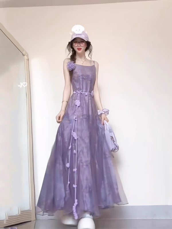 Sweet Purple Square Neck Spaghetti Strap Tulle Dress RF0647
