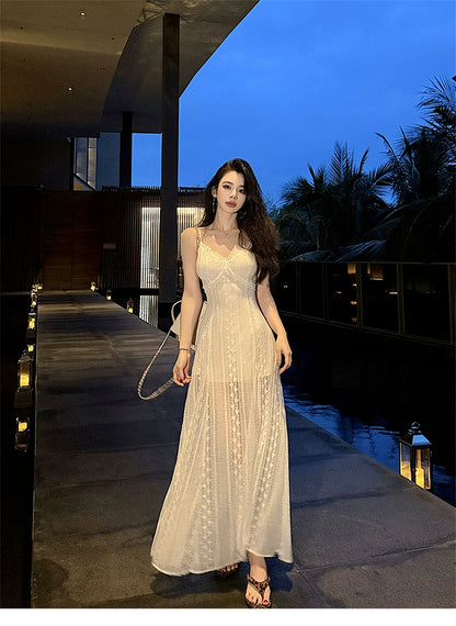 Elegant White Spaghetti Strap V Neck Lace Summer Dress RF0648