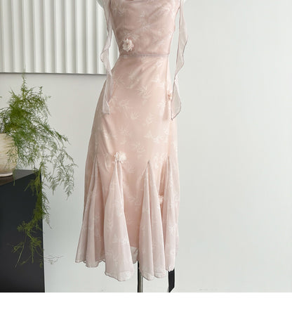 Stunning Dusty Pink Straps Printed Chiffon Sheath Dress RF0650