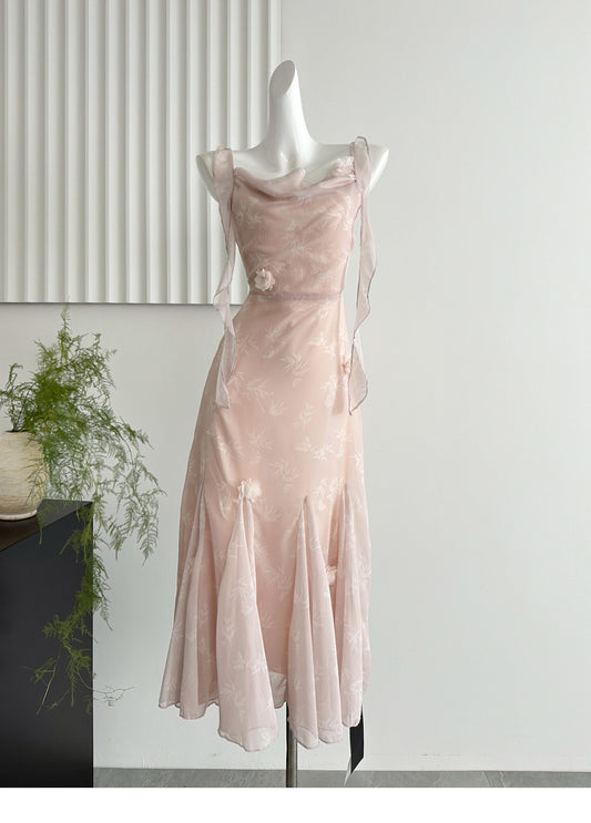 Stunning Dusty Pink Straps Printed Chiffon Sheath Dress RF0650