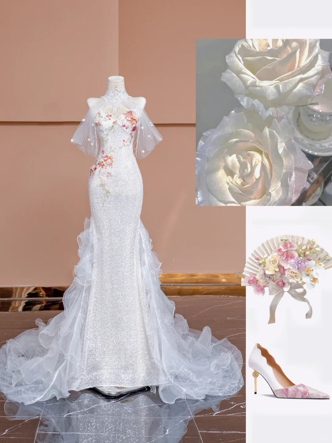 Superbe robe de mariée sirène blanche en tulle à paillettes et décolleté en cœur RF0651
