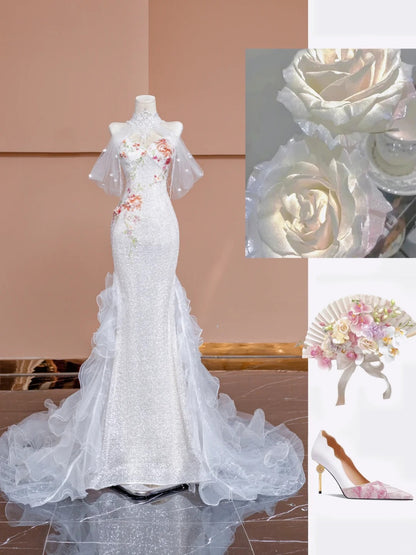 Superbe robe de mariée sirène blanche en tulle à paillettes et décolleté en cœur RF0651