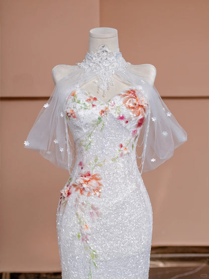 Superbe robe de mariée sirène blanche en tulle à paillettes et décolleté en cœur RF0651