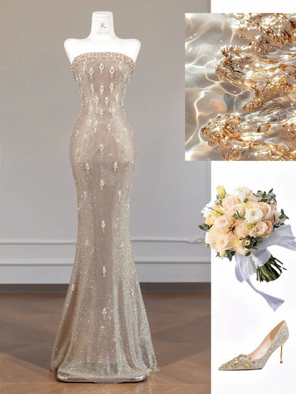 Elegant Yellow Strapless Lace Mermaid Beaded Formal Evening Dress RF0652