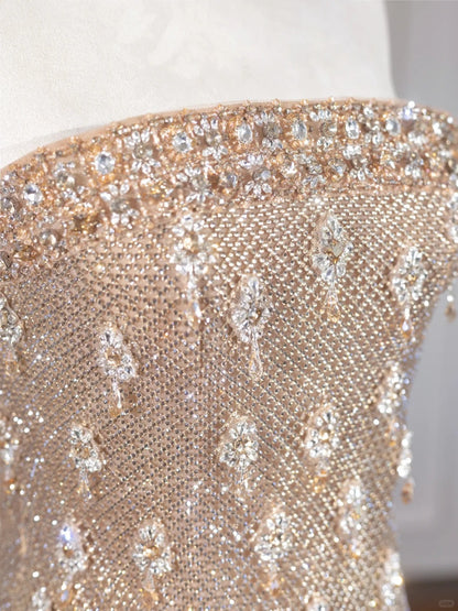 Elegant Yellow Strapless Lace Mermaid Beaded Formal Evening Dress RF0652