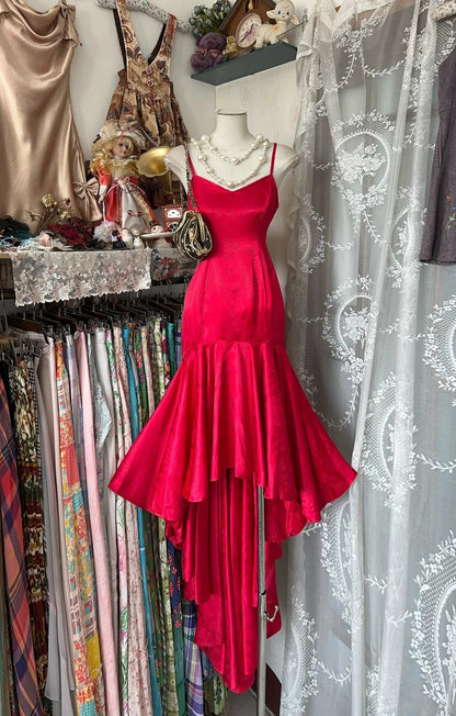 Glam Red Spaghetti Strap Hi-Lo Mermaid Satin Prom Dresses Formal Evening Gowns RF0653