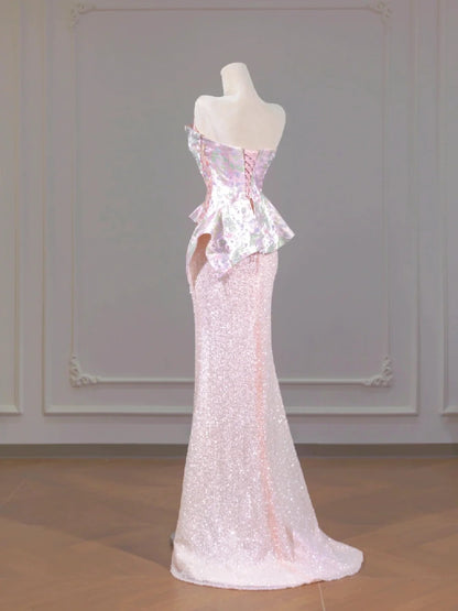 Gorgeous Pink Strapless Tulle Sequin Mermaid Satin Prom Dresses Formal Evening Gowns RF0654