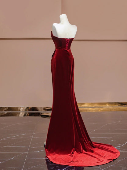 Vintage Burgundy Strapless Velvet Mermaid Prom Dresses Formal Evening Gowns RF0655