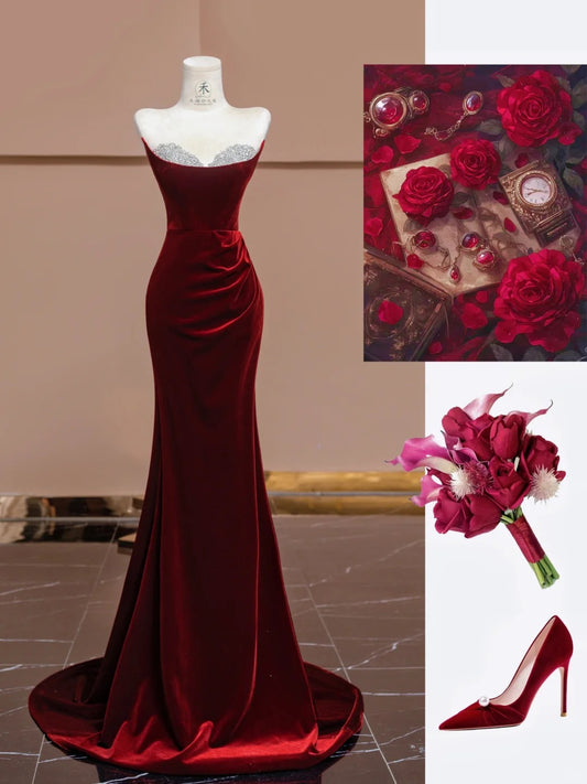 Vintage Burgundy Strapless Velvet Mermaid Prom Dresses Formal Evening Gowns RF0655