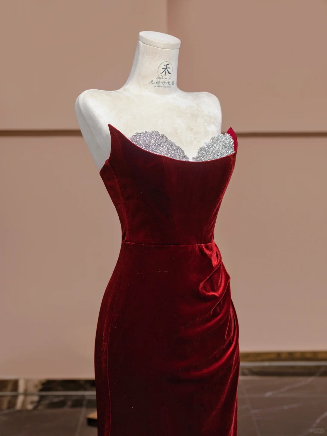 Vintage Burgundy Strapless Velvet Mermaid Prom Dresses Formal Evening Gowns RF0655