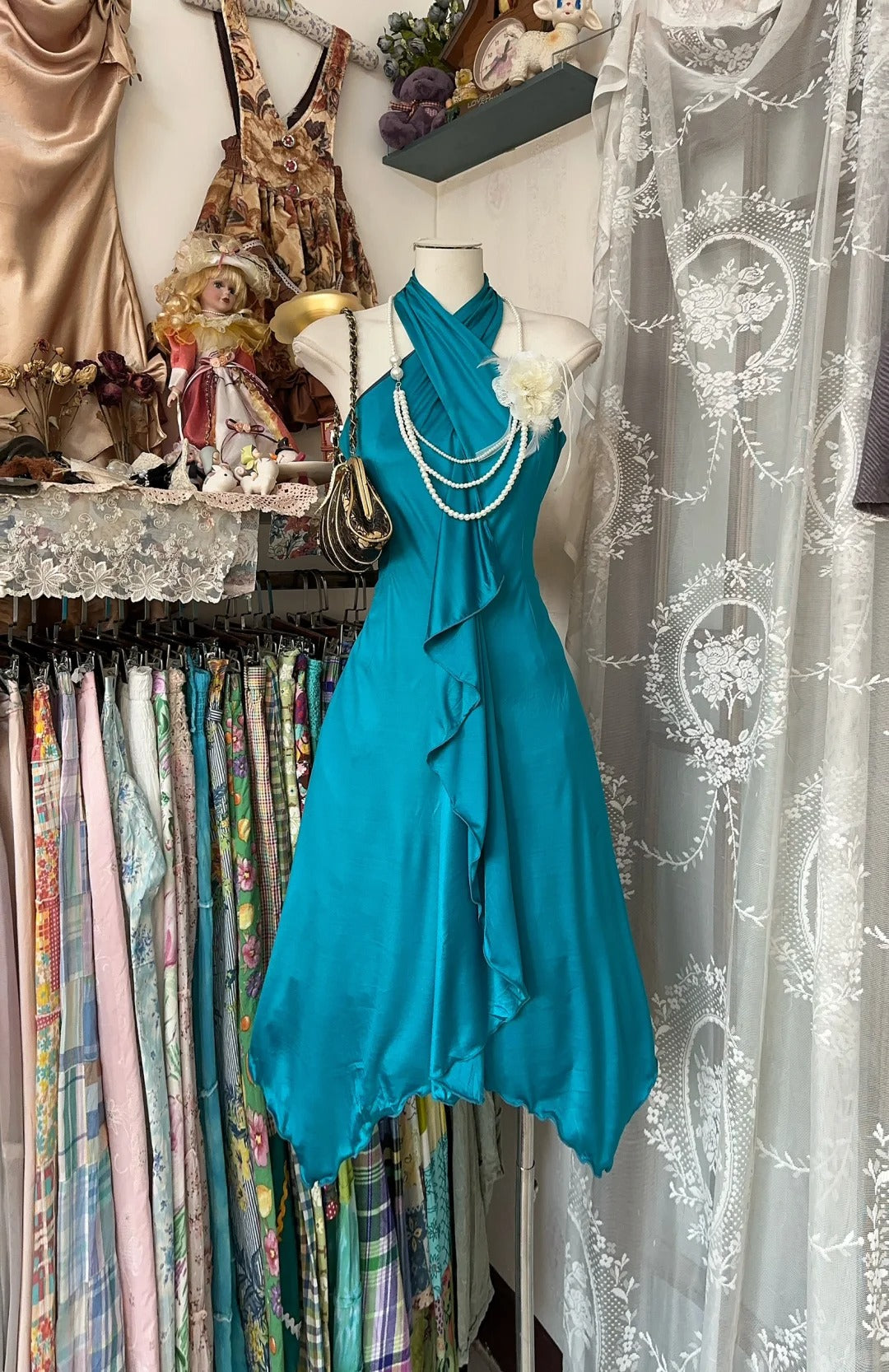 Elegant Teal Satin Halter Collar A-Line Short Prom Dresses Simple Evening Gowns RF0658