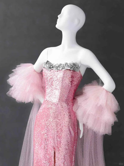 Gorgeous Pink Strapless Mermaid Sequin Long Prom Dresses Formal Evening Gowns RF0659